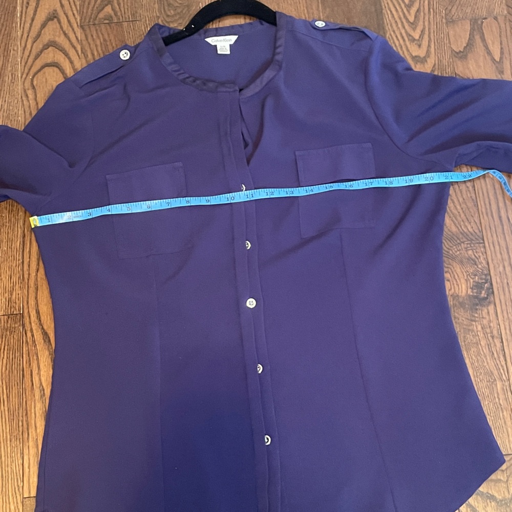 Calvin Klein Women Large Navy Purple Button Down L/S Roll Tab Blouse Top - Picture 9 of 12